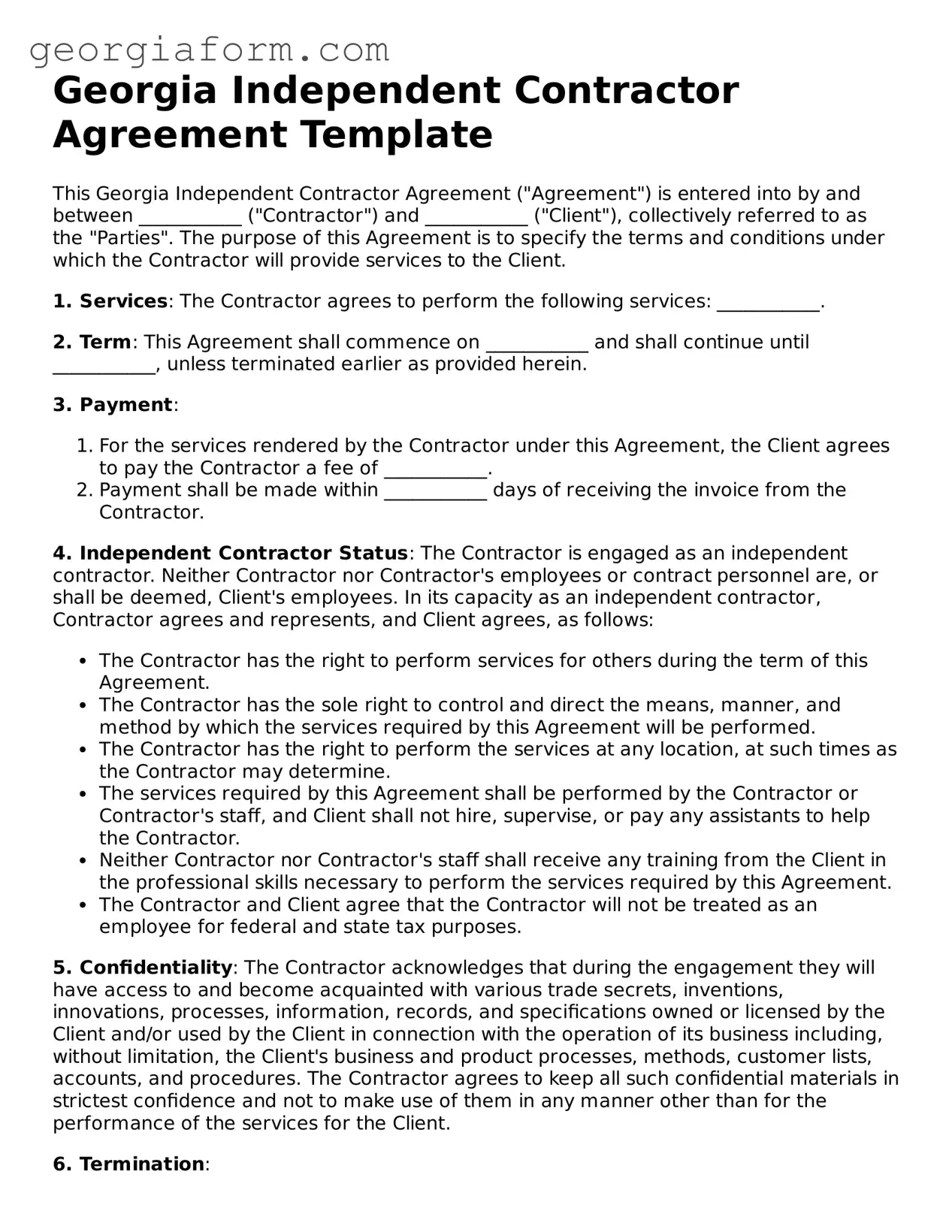 Legal  Independent Contractor Agreement Form for Georgia