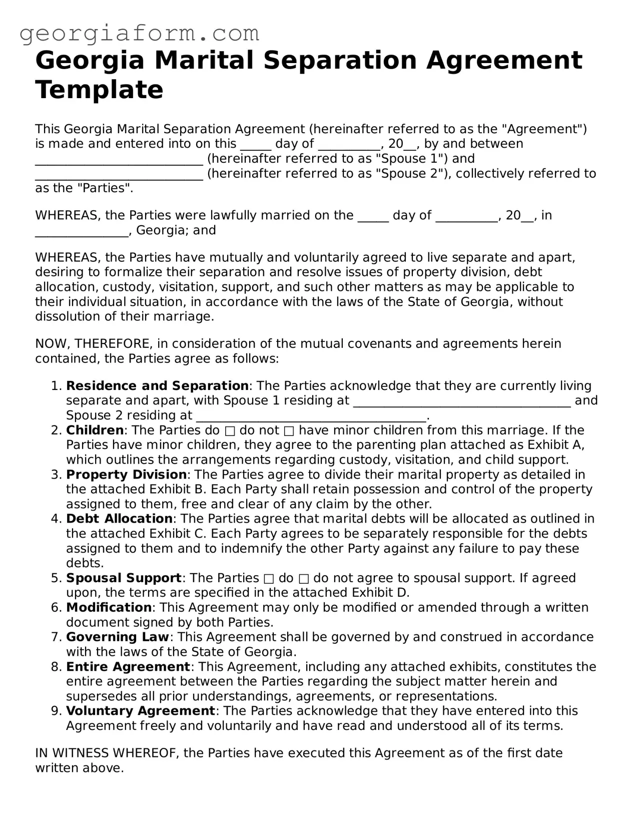 Legal  Marital Separation Agreement Form for Georgia