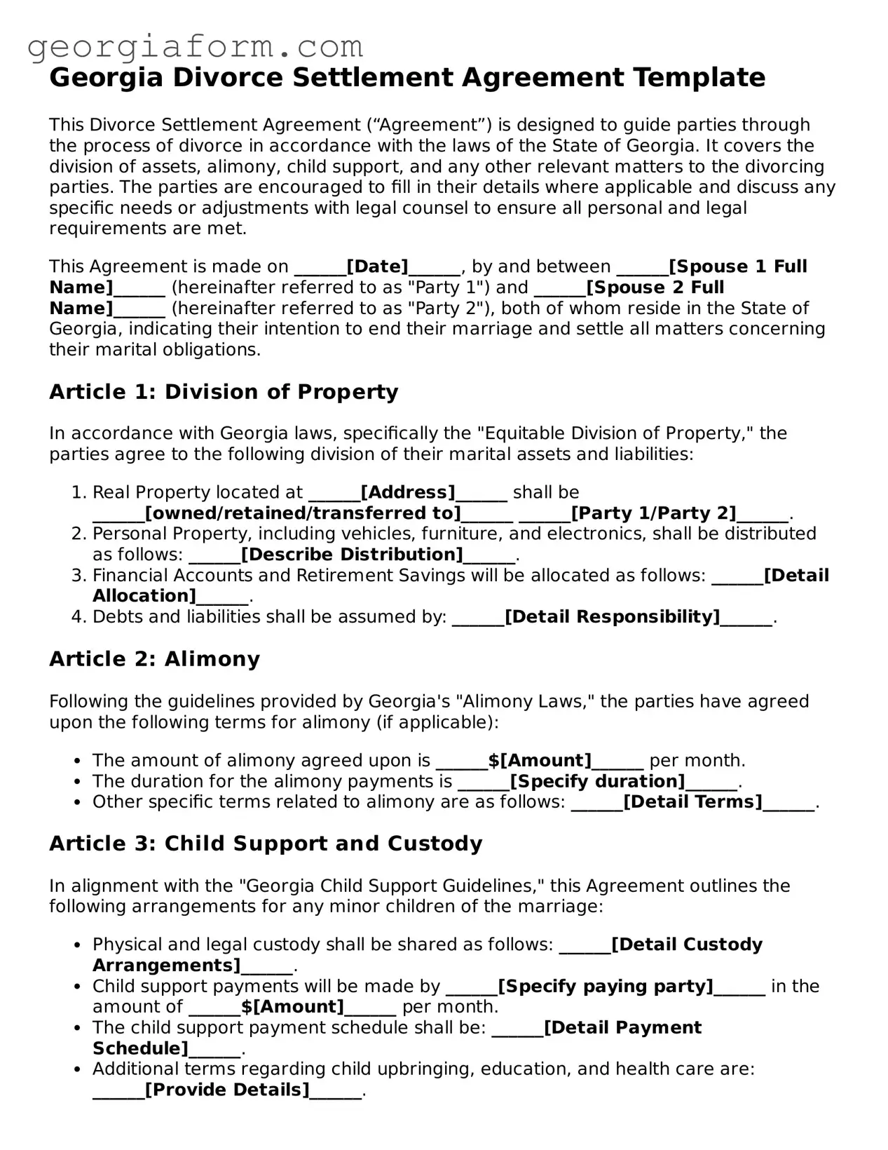 Legal  Divorce Settlement Agreement Form for Georgia