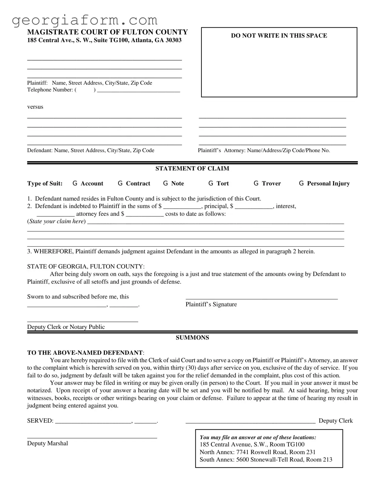 Free Georgia Statement Claim Fulton Template in PDF