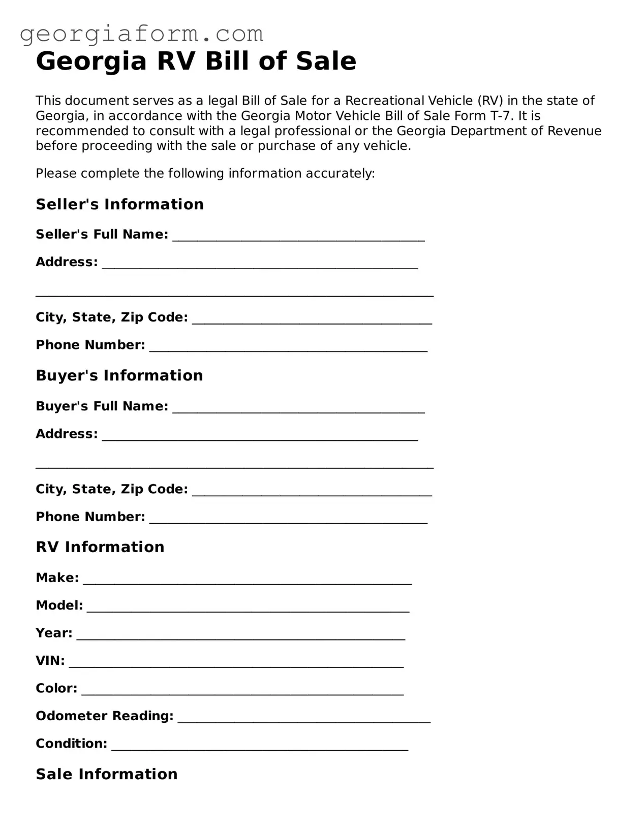 Legal  RV Bill of Sale Form for Georgia