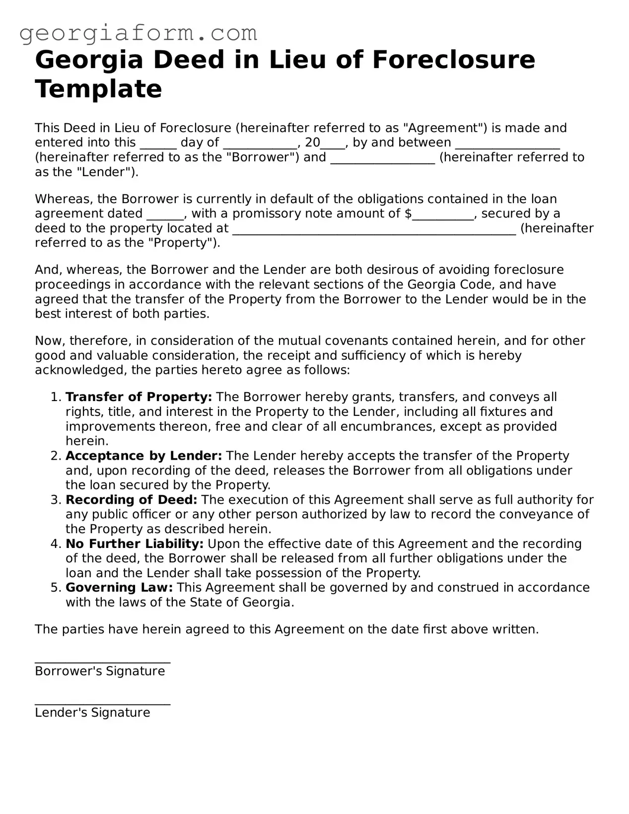 Legal  Deed in Lieu of Foreclosure Form for Georgia