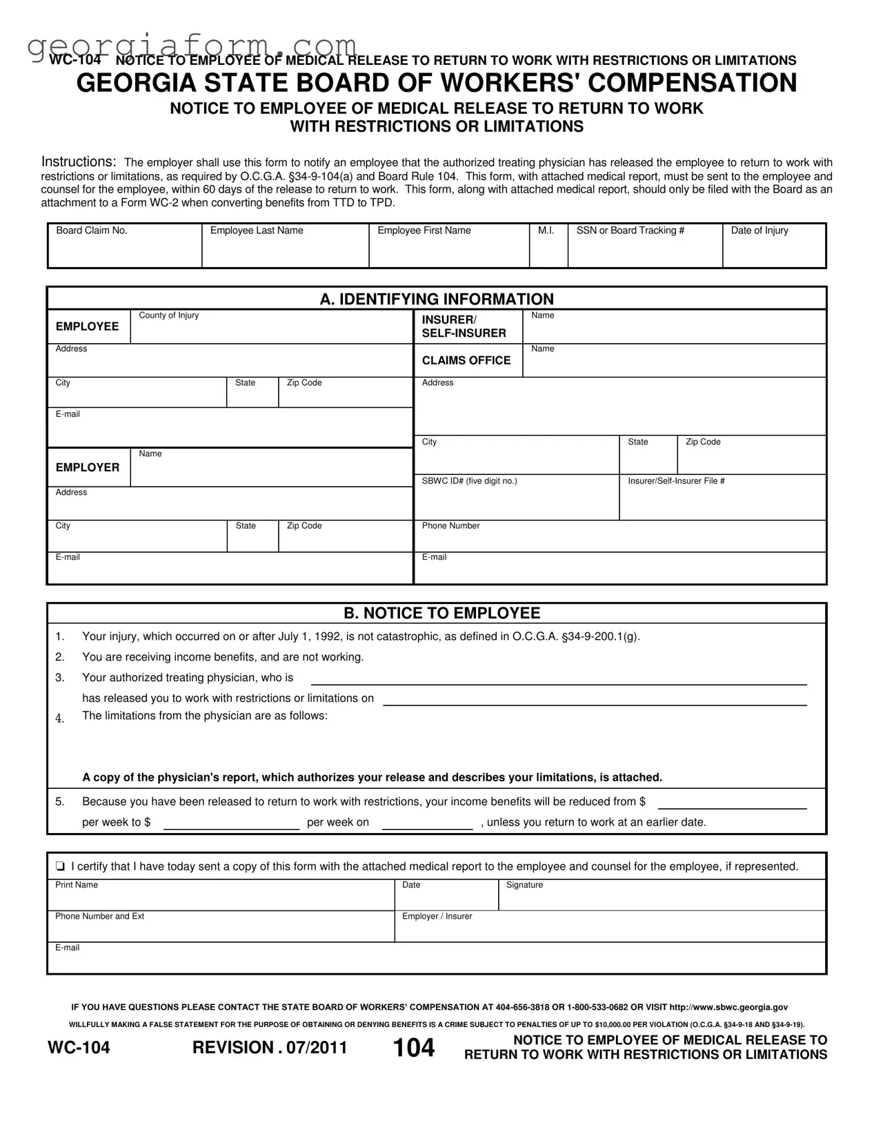 Free Georgia Wc 104 Template in PDF