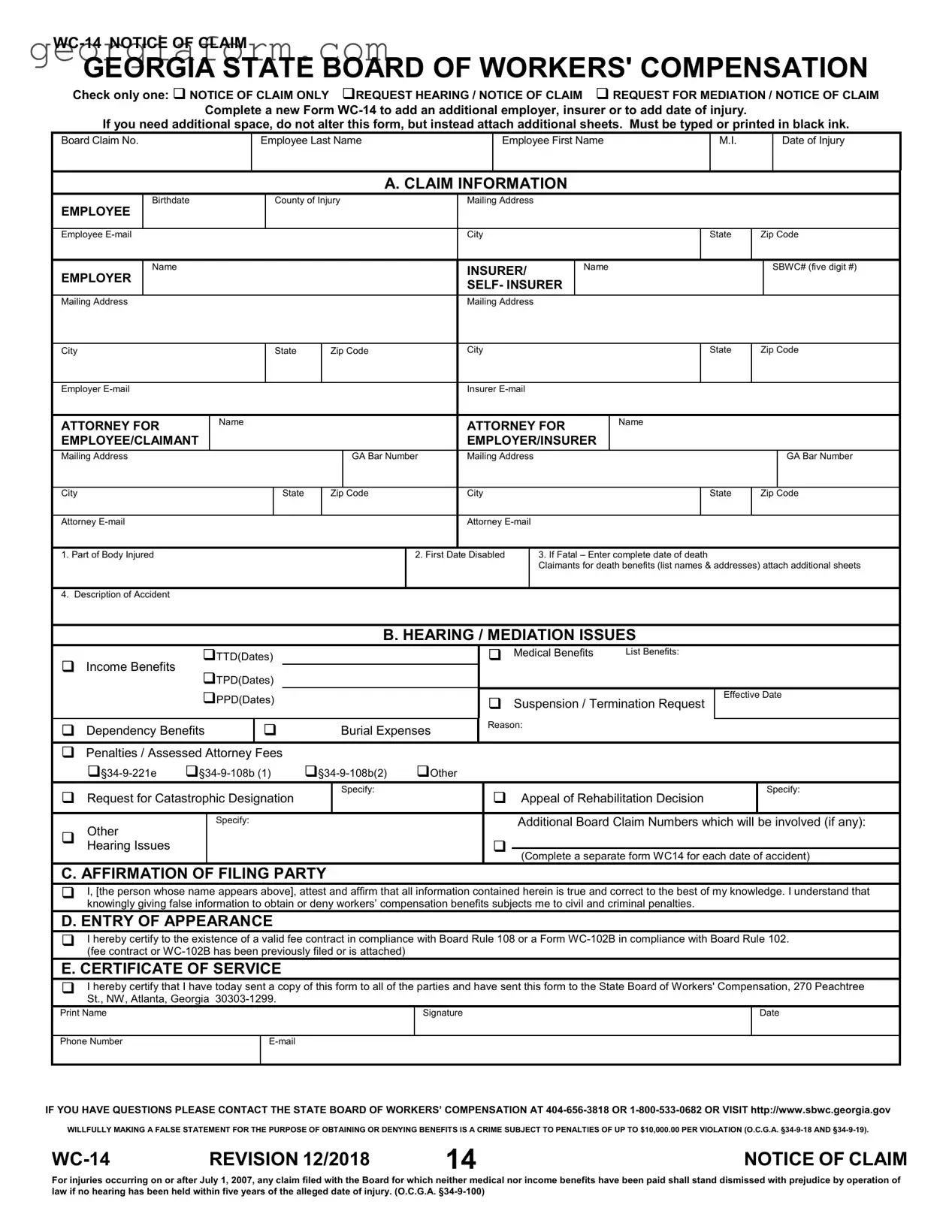 Free Georgia Wc 14 Template in PDF