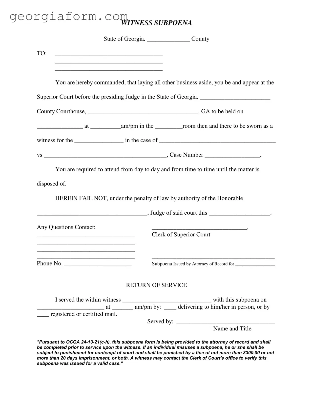 Free Georgia Witness Subpoena Template in PDF