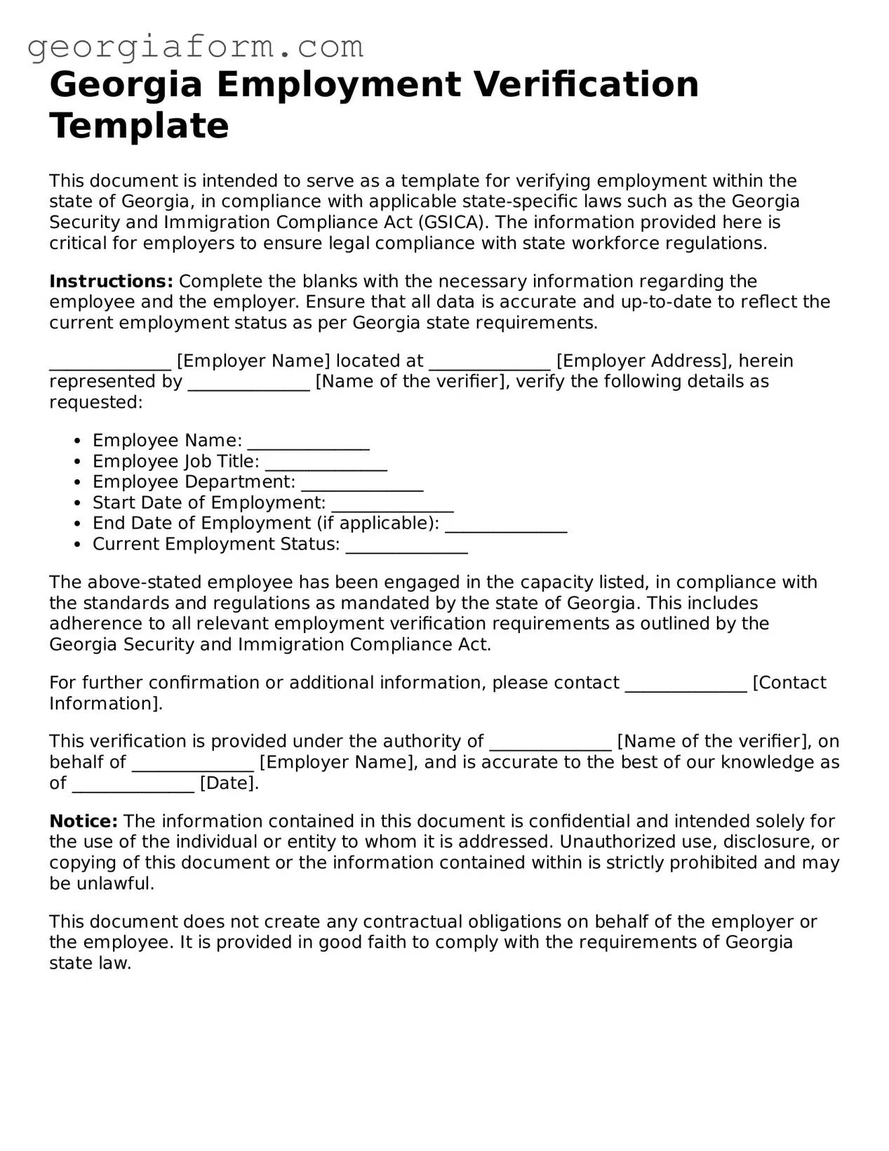 Legal  Employment Verification Form for Georgia