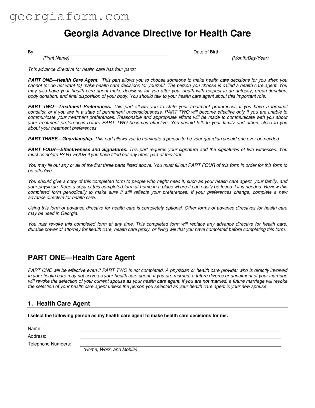 Free Health Care Directive Georgia Template in PDF