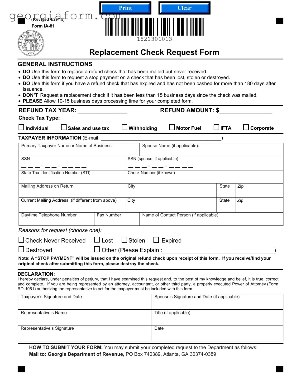 Free Replacement Check Request Georgia Template in PDF