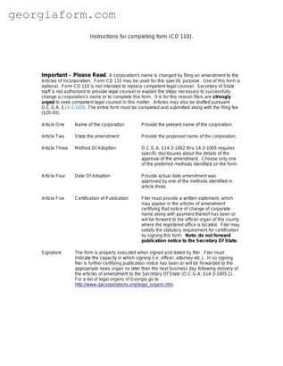 Free Articles Of Amendment Georgia Cd 110 Template in PDF