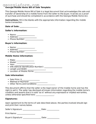 Legal  Mobile Home Bill of Sale Form for Georgia