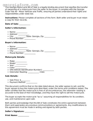 Legal  Motorcycle Bill of Sale Form for Georgia