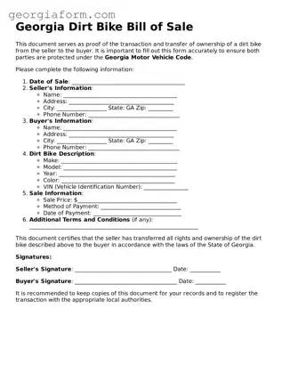 Legal  Dirt Bike Bill of Sale Form for Georgia