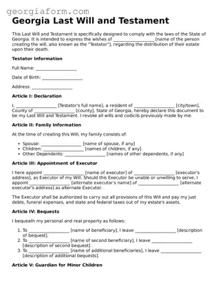 Legal  Last Will and Testament Form for Georgia