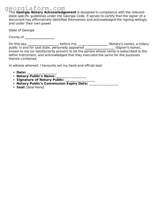 Legal  Notary Acknowledgement Form for Georgia