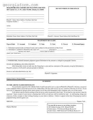 Free Georgia Statement Claim Fulton Template in PDF