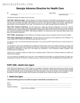 Free Health Care Directive Georgia Template in PDF