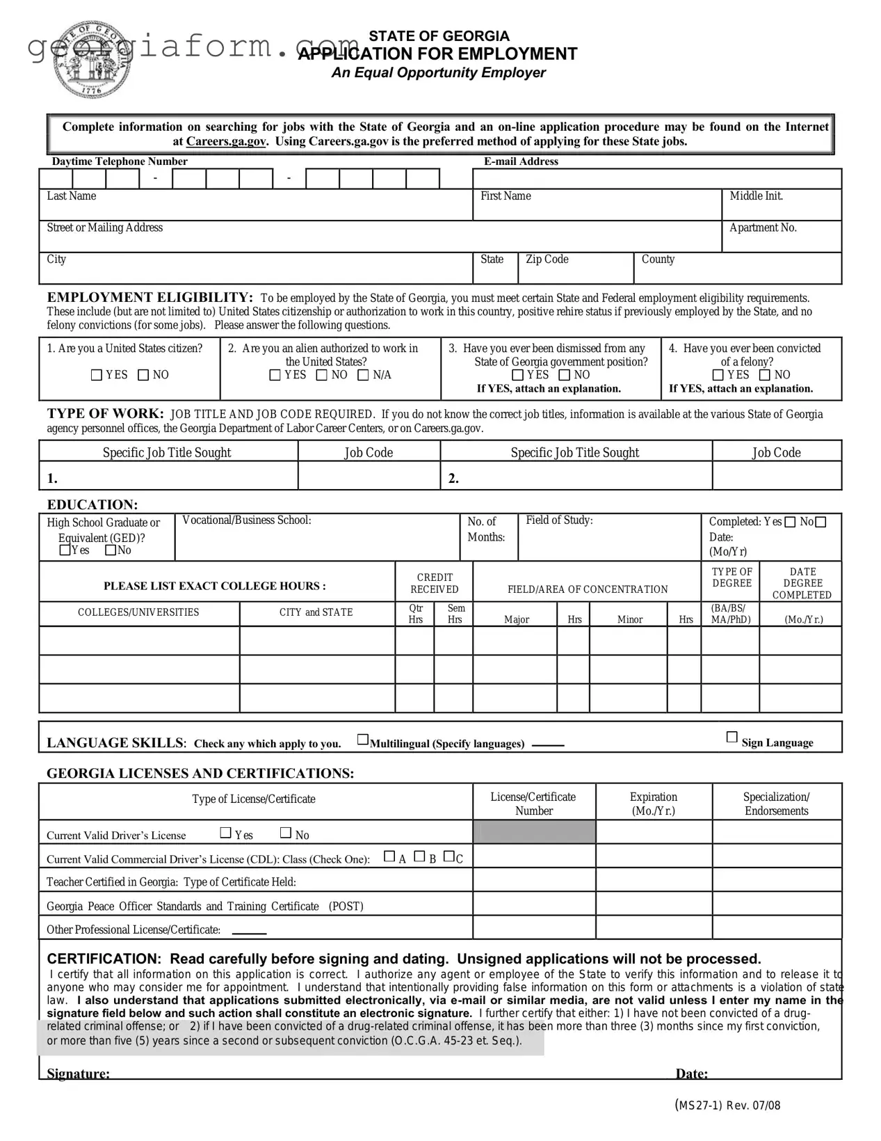 Free State Of Georgia Application Ms27 1 Template in PDF